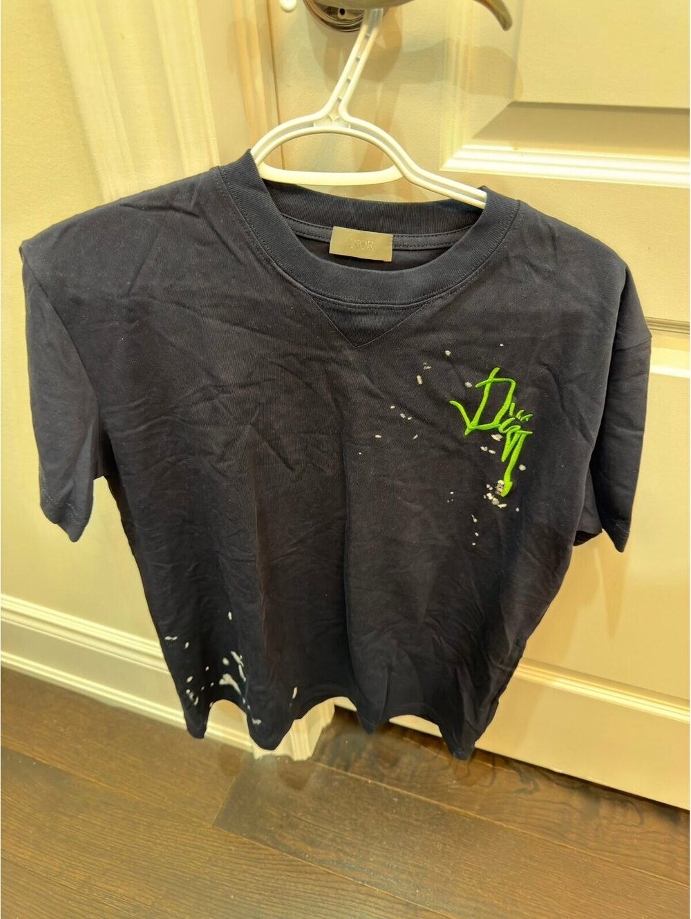 Navy Blue Graphic T-Shirt with Neon Green Detail and Paint S